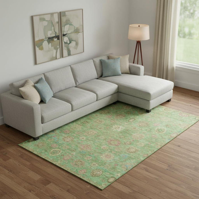 10' X 14' Damask Washable Area Rug With UV Protection (700823) - Lime Green / Pink / Teal