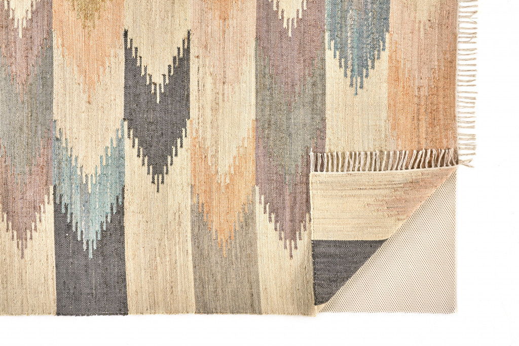 10' x 14' Geometric Dhurrie Flatweave Handmade Area Rug With Fringe - Tan Blue And Orange