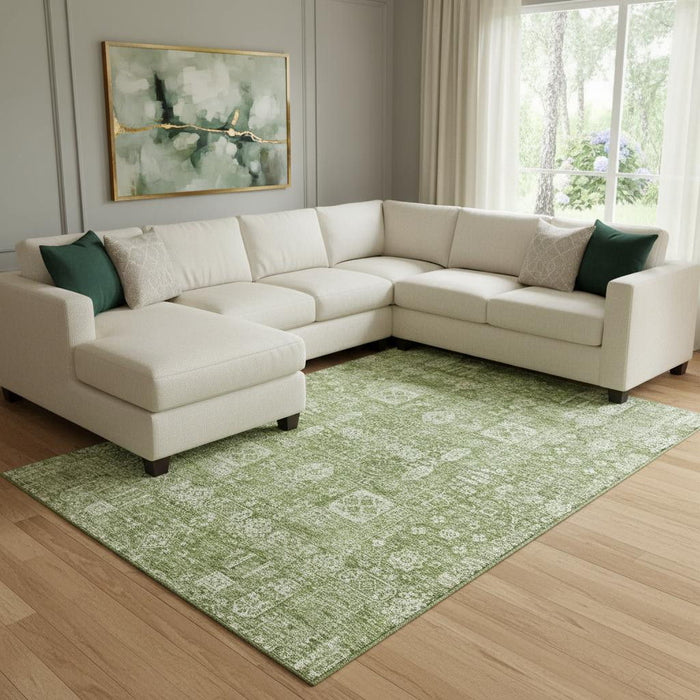 8' X 10' Floral Washable Area Rug With UV Protection (653348) - Artichoke Green / Ivory