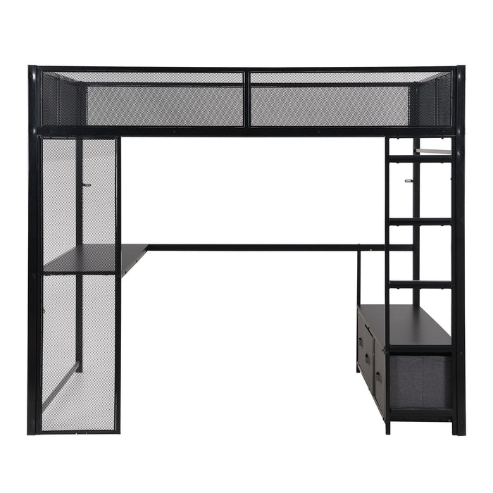 Black Giga full size gaming loft bed with LED desk, open wardrobe, and three linen storage drawers in a modern bedroom setting.