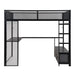 Black Giga full size gaming loft bed with LED desk, open wardrobe, and three linen storage drawers in a modern bedroom setting.