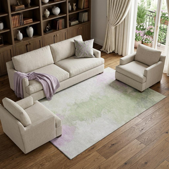 10' X 14' Abstract Washable Area Rug With UV Protection (696752) - Artichoke Green / Ivory / Lavender