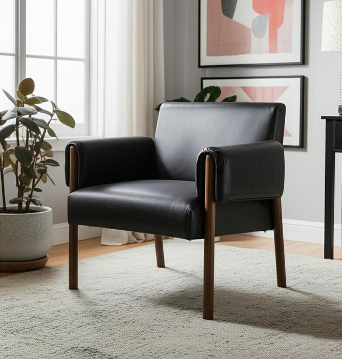 Faux Leather And Solid Wood Arm Chair - Black / Dark Brown