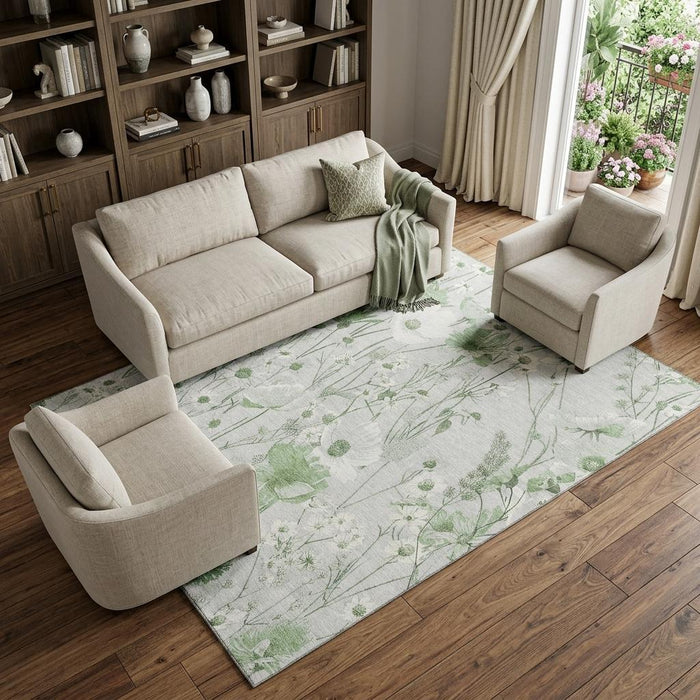 10' X 14' Floral Washable Area Rug With UV Protection (694074) - Mint Green / Ivory