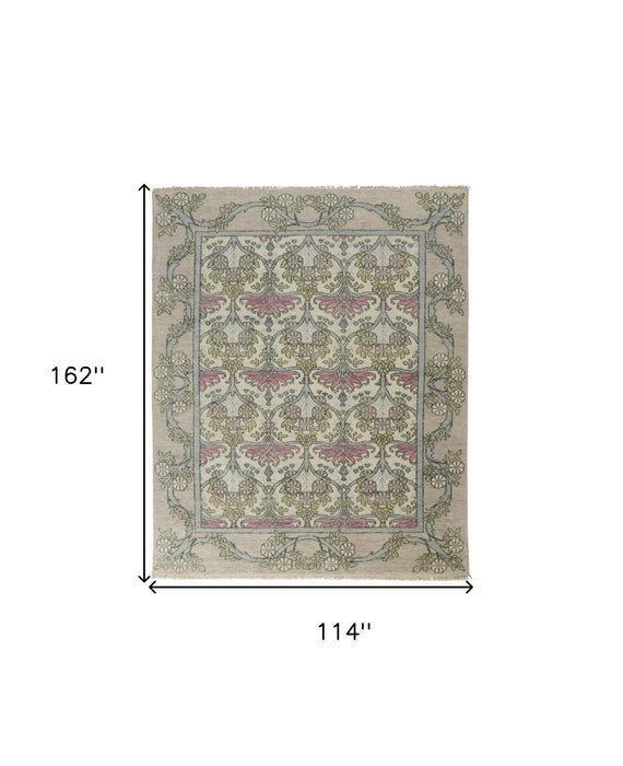 9' x 13' Wool Floral Hand Knotted Area Rug - Ivory Gray And Pink