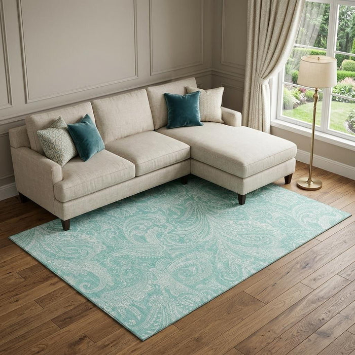 10' X 14' Paisley Washable Area Rug With UV Protection (654680) - Teal / Ivory