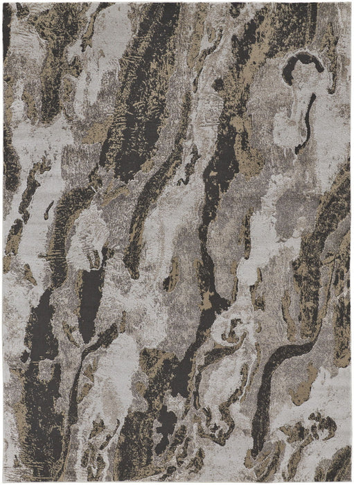 7' x 10' Abstract Power Loom Distressed Area Rug - Brown And Ivory