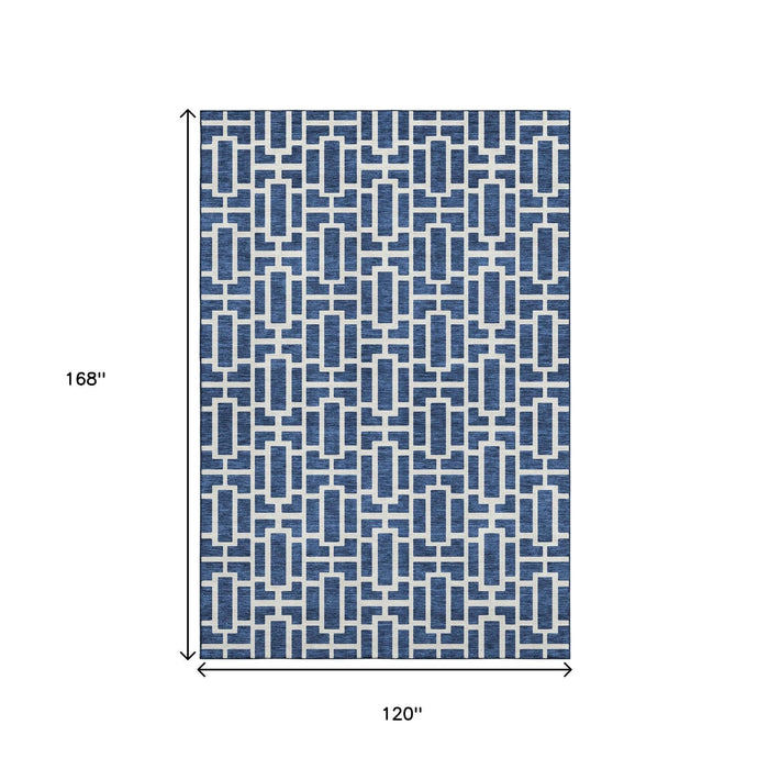 10' X 14' Geometric Washable Area Rug With UV Protection (672839) - Navy Blue / Ivory