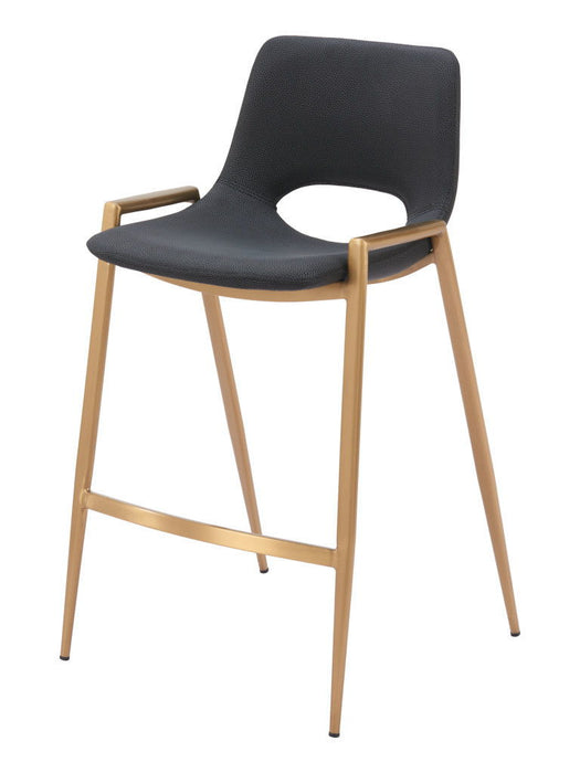 Set of two 26-inch black faux leather and steel low back counter height bar chairs with gold accents by HomeRoots.