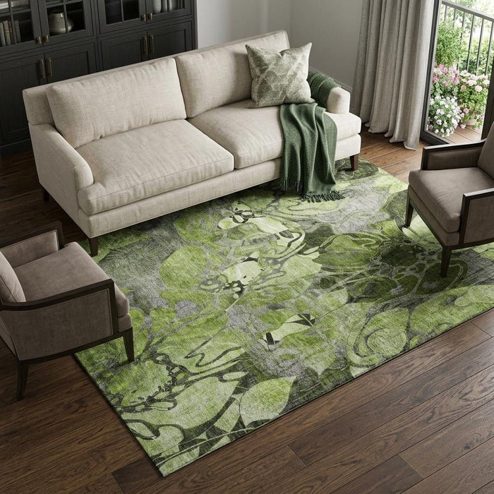 10' X 14' Abstract Distressed Washable Area Rug With UV Protection (648982) - Fern Green / Gray