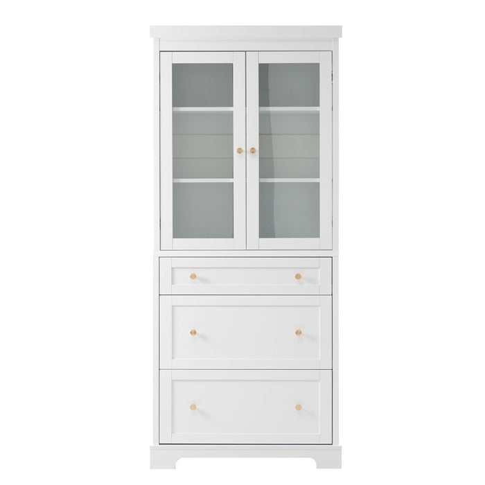 Giga freestanding tall bathroom linen cabinet with adjustable shelves, drawers, and soft-close glass doors.