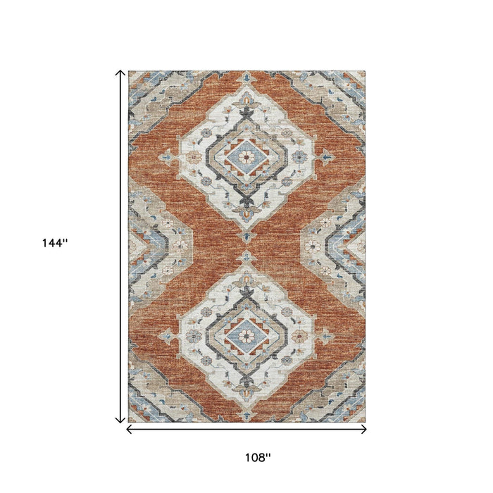 9' X 12' Tribal Distressed Washable Area Rug With UV Protection (644185) - Terra Cotta / Ivory / Blue