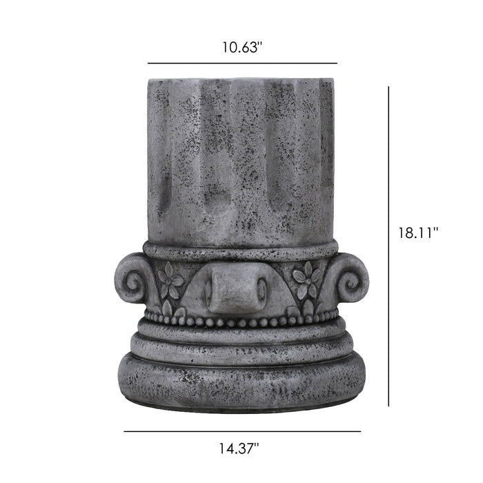 Giga outdoor round end table in antique gray, suitable for patio and garden, with a sturdy metal frame and a smooth surface.
