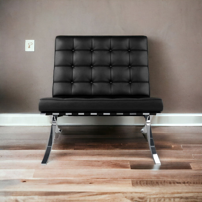 Italian Leather Tufted Lounge Chair - Black And Silver