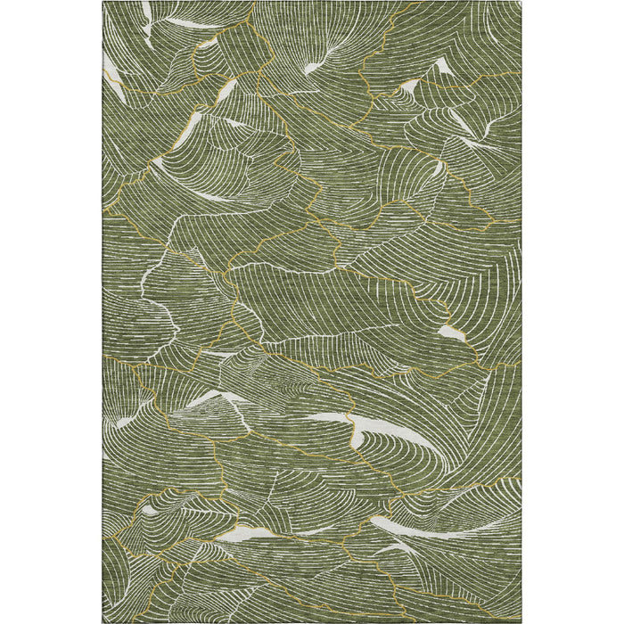 10' X 14' Abstract Washable Area Rug With UV Protection (682229) - Olive Green / Ivory / Gold