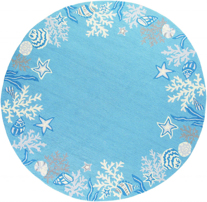 8' Hand Hooked Bordered Coral Reef Round Indoor Area Rug - Sea Blue