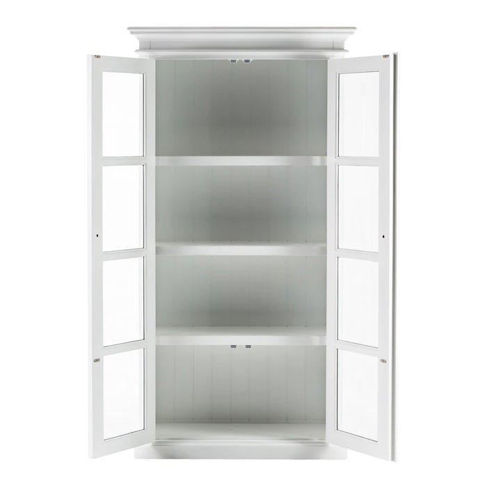 White wood and glass double door accent storage cabinet from HomeRoots, featuring a stylish design and interior shelving.