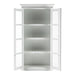 White wood and glass double door accent storage cabinet from HomeRoots, featuring a stylish design and interior shelving.