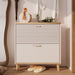 Giga narrow entryway shoe storage cabinet with white finish, two flip drawers, and wooden legs, ideal for organizing shoes neatly.