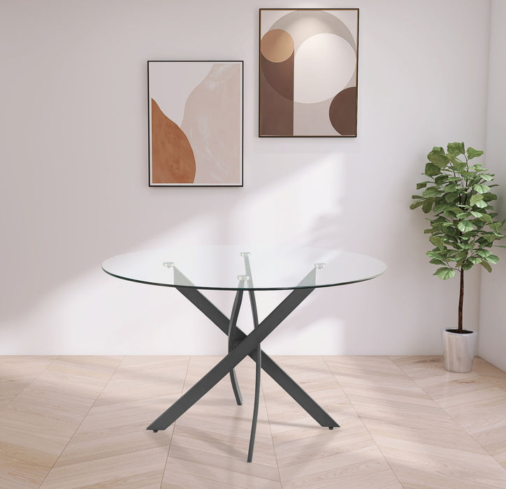 Modern Xander dining table by Meridian Furniture with a sleek wooden surface and sturdy metal legs, perfect for contemporary dining rooms.