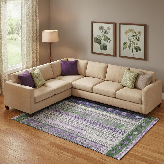 10' X 14' Striped Washable Area Rug With UV Protection (709534) - Green / Purple / Ivory