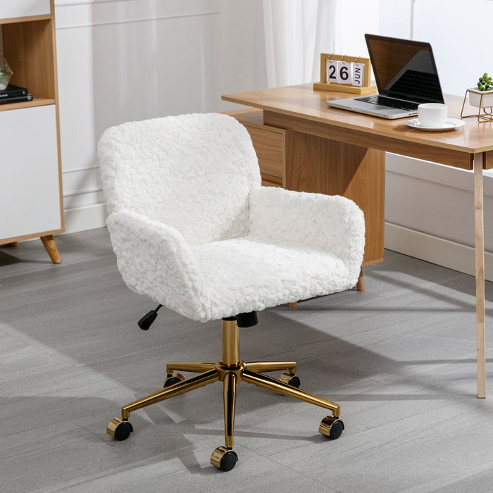 Giga swivel office chair with artificial rabbit hair upholstery, metal base, adjustable height, and rolling casters for home or desk use.