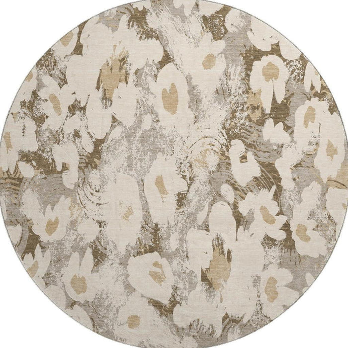 8' Floral Washable Round Rug With UV Protection (648169) - Khaki / Gray / Ivory