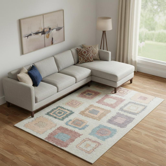 10' X 14' Geometric Washable Area Rug With UV Protection (711017) - Peach / Ivory / Blue
