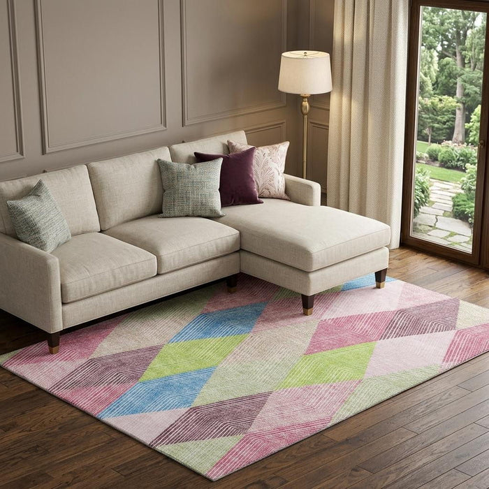 10' X 14' Geometric Washable Area Rug With UV Protection (676224) - Pink / Lime Green / Blue