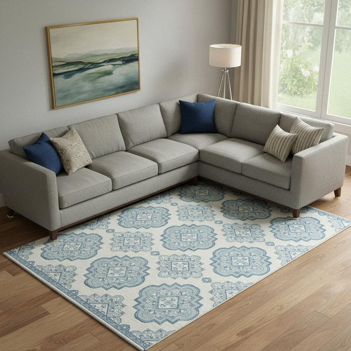 10' X 14' Medallion Washable Area Rug With UV Protection (669895) - Teal / Ivory