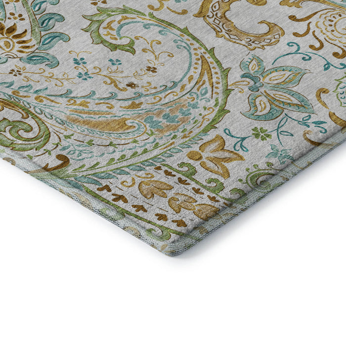 8' Paisley Distressed Washable Round Rug With UV Protection (647977) - Ivory / Blue / Green