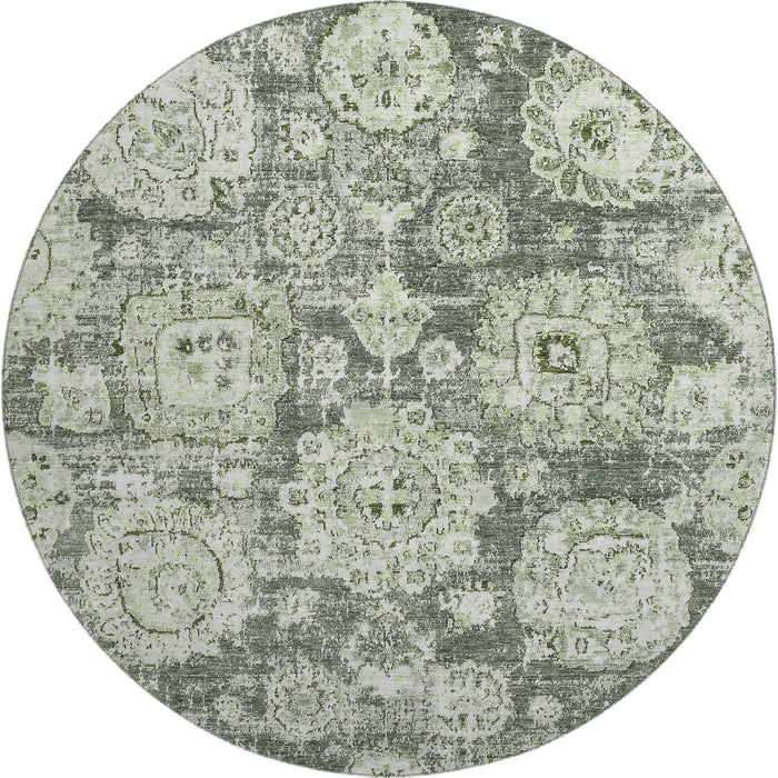 8' Floral Washable Round Rug With UV Protection (653173) - Artichoke Green / Ivory / Gray