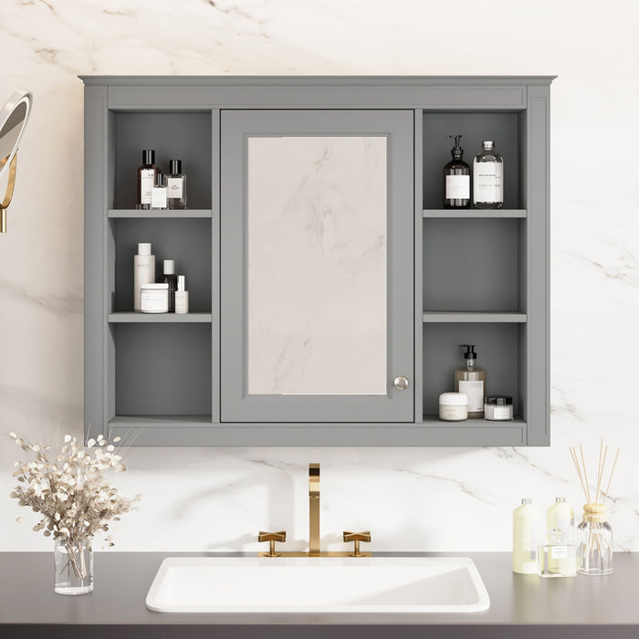 Giga wall-mounted medicine cabinet with mirror, featuring 6 open shelves and adjustable interior storage for bathroom organization.
