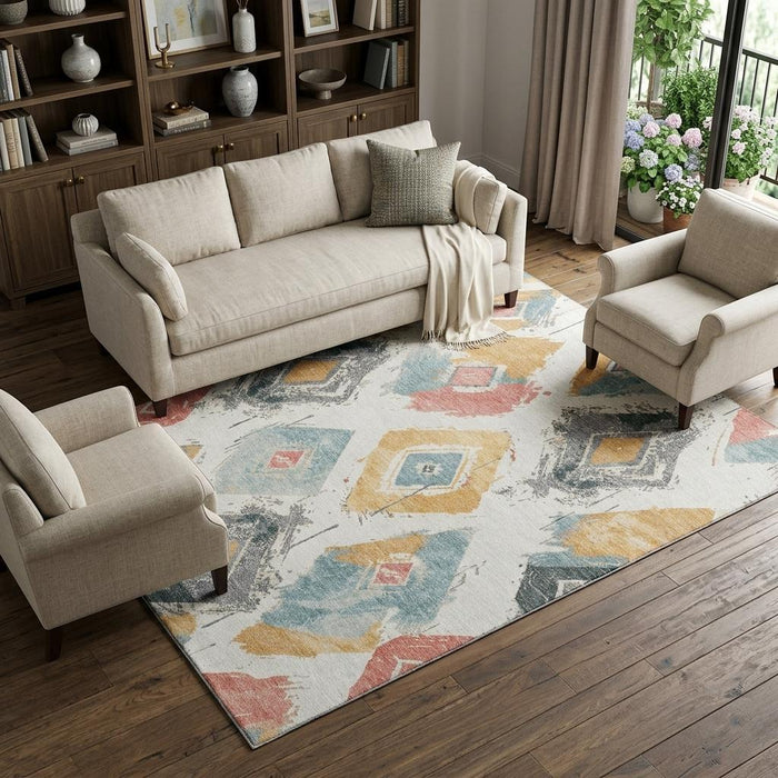 10' X 14' Abstract Geometric Washable Area Rug With UV Protection (696620) - Ivory / Gold / Blush