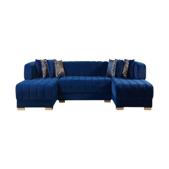 Velvet U-Shaped Three Piece Sofa Chaise Sectional With Toss Pillows - Blue