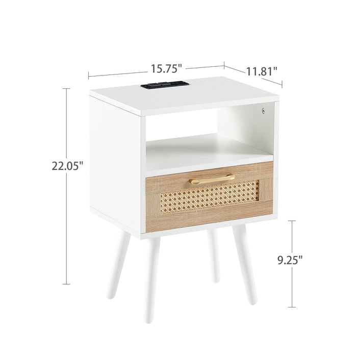 Modern rattan end table with power outlet, USB ports, drawer, and solid wood legs, ideal as a nightstand or living room side table.