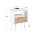Modern rattan end table with power outlet, USB ports, drawer, and solid wood legs, ideal as a nightstand or living room side table.