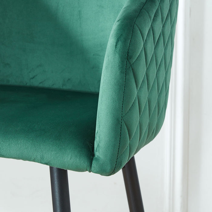 Set of 2 Giga black and green velvet upholstered counter height bar stools with metal legs, ideal for pub, restaurant, or kitchen island.