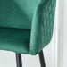 Set of 2 Giga black and green velvet upholstered counter height bar stools with metal legs, ideal for pub, restaurant, or kitchen island.