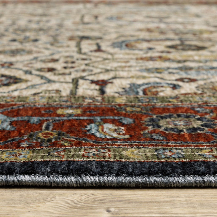 10' x 13' Oriental Power Loom Stain Resistant Area Rug With Fringe - Ivory Beige Red Blue Gold Green And Navy