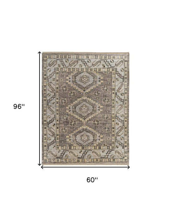5' x 8' Wool Geometric Hand Knotted Area Rug With Fringe - Gray And Brown