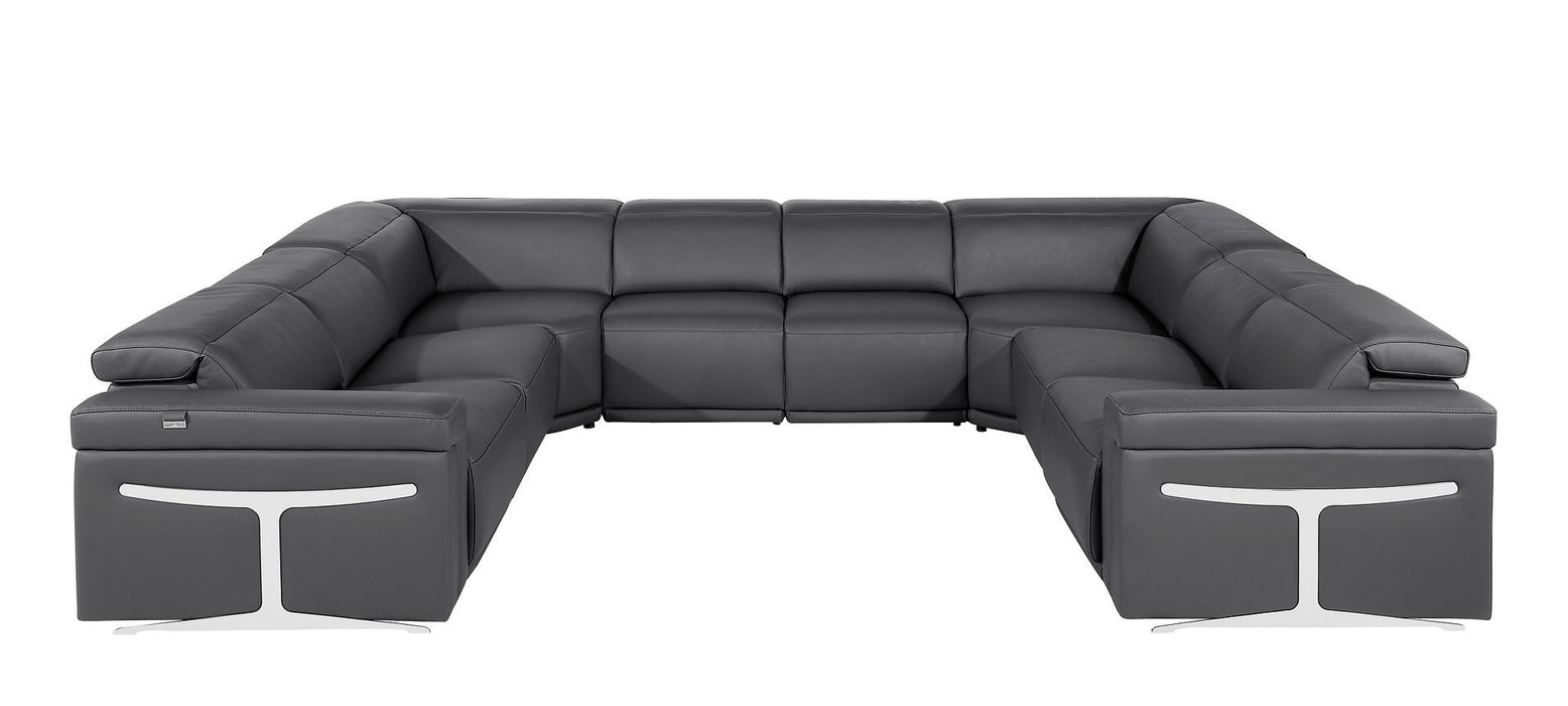 Italian Leather Power Reclining U Shaped Eight Piece Corner Sectional With Console - Dark Gray