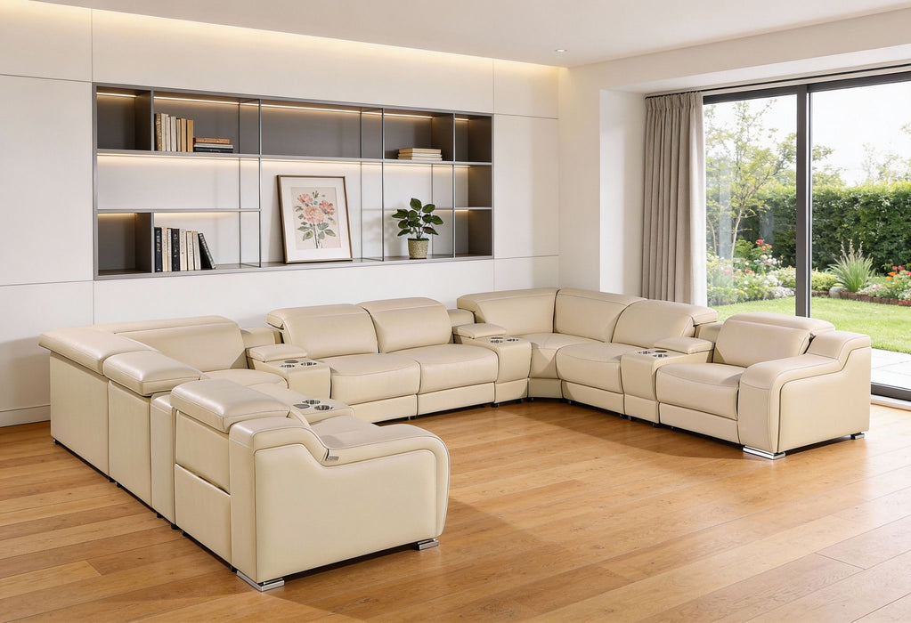 Italian Leather Power Reclining U Shaped Twelve Piece Corner Sectional With Console - Beige