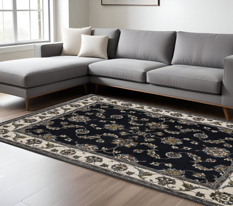 8' X 11' Oriental Area Rug With Fringe - Navy Blue And Ivory