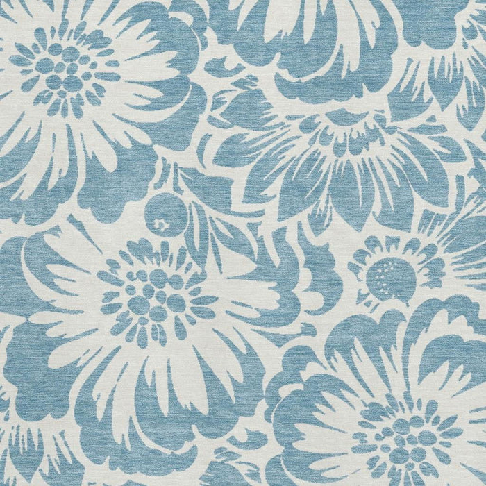 9' X 12' Floral Washable Area Rug With UV Protection (648639) - Denim Blue / Ivory