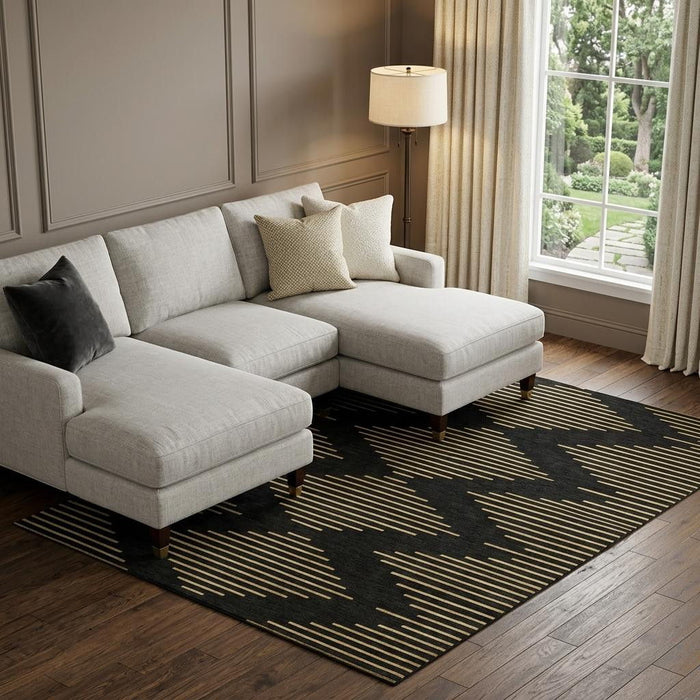 10' X 14' Geometric Washable Area Rug With UV Protection (679798) - Black / Gold