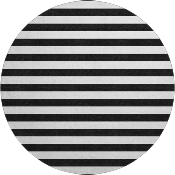 8' Striped Washable Round Rug With UV Protection (647563) - Black / Ivory