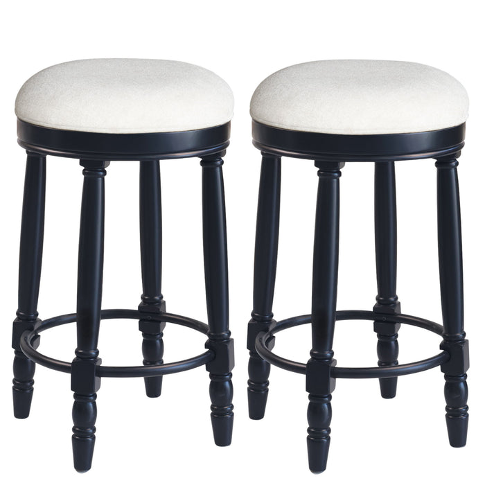 Set of two Giga 360° swivel wooden barstools with upholstered seats, counter height, showcasing modern design and sturdy wooden frames.