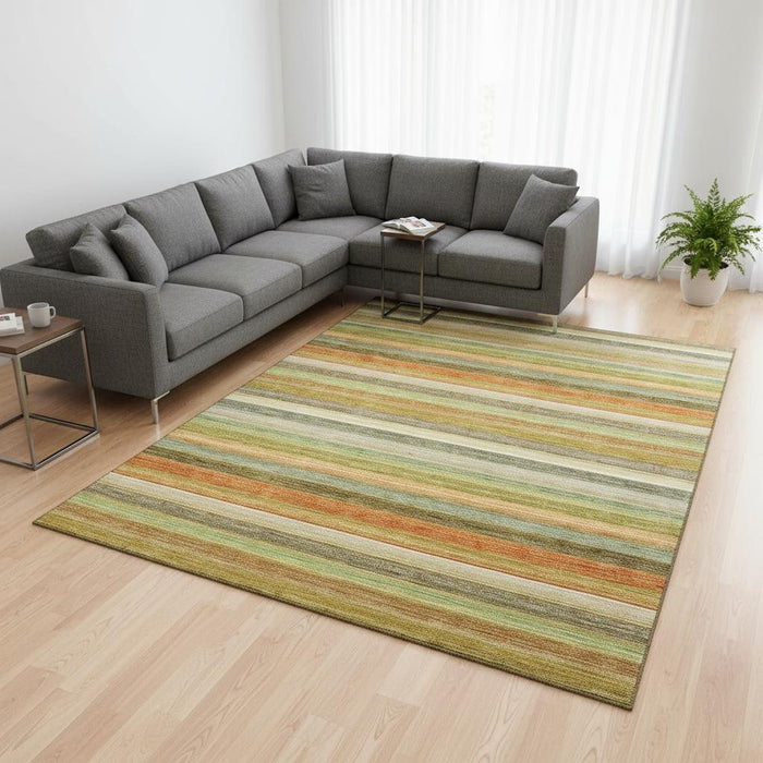 9' X 12' Striped Washable Area Rug With UV Protection (648039) - Fern Green / Orange / Beige
