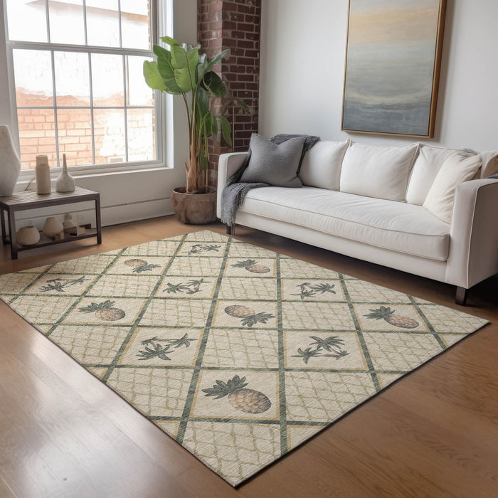 10' X 14' Boical Leaves Washable Area Rug With UV Protection - Beige